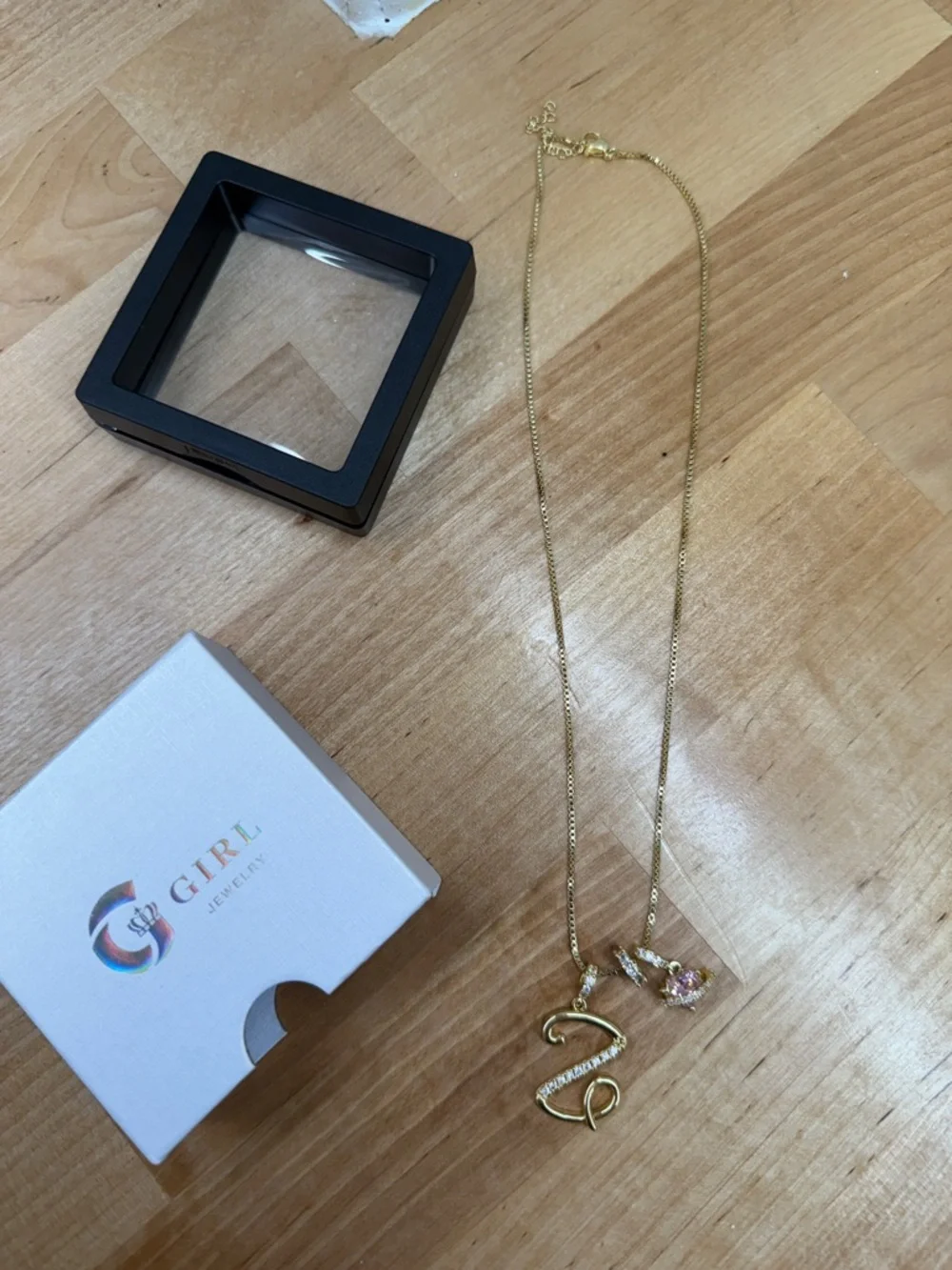 Gold Initial 'Z’ Pendant Necklace with Pink Crystal Planet Charm - Picture 2 of 3